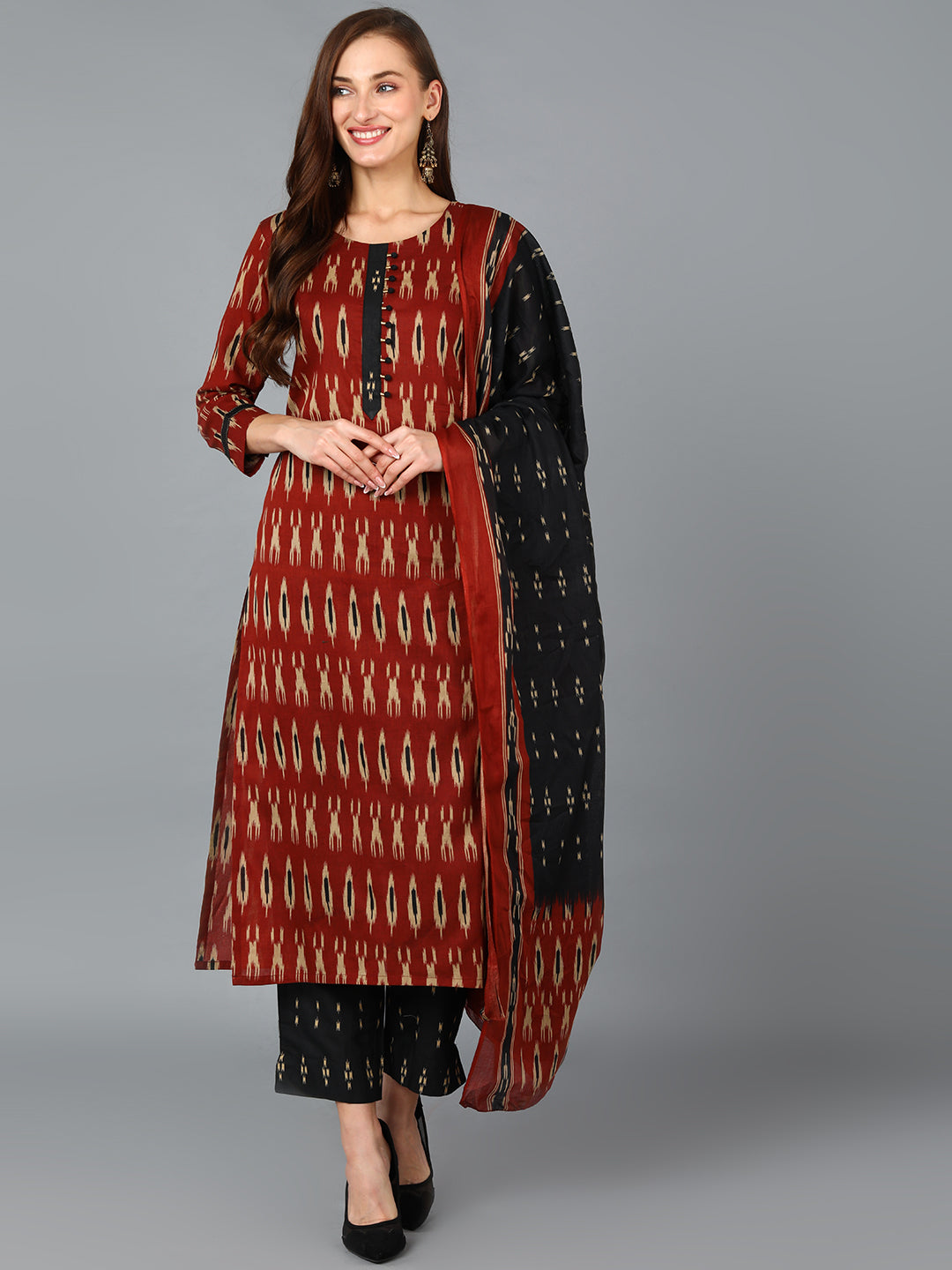 Brown Rayon Blend Straight Kurta Pant With Dupatta