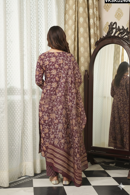 Brown Cotton Blend Floral Printed Straight Kurta Trousers With Dupatta