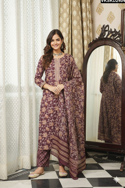 Brown Cotton Blend Floral Printed Straight Kurta Trousers With Dupatta