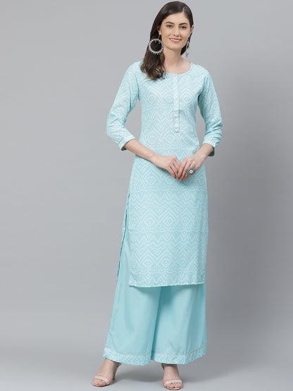 Blue Crepe Bandhani Printed Straight Kurta Set 
