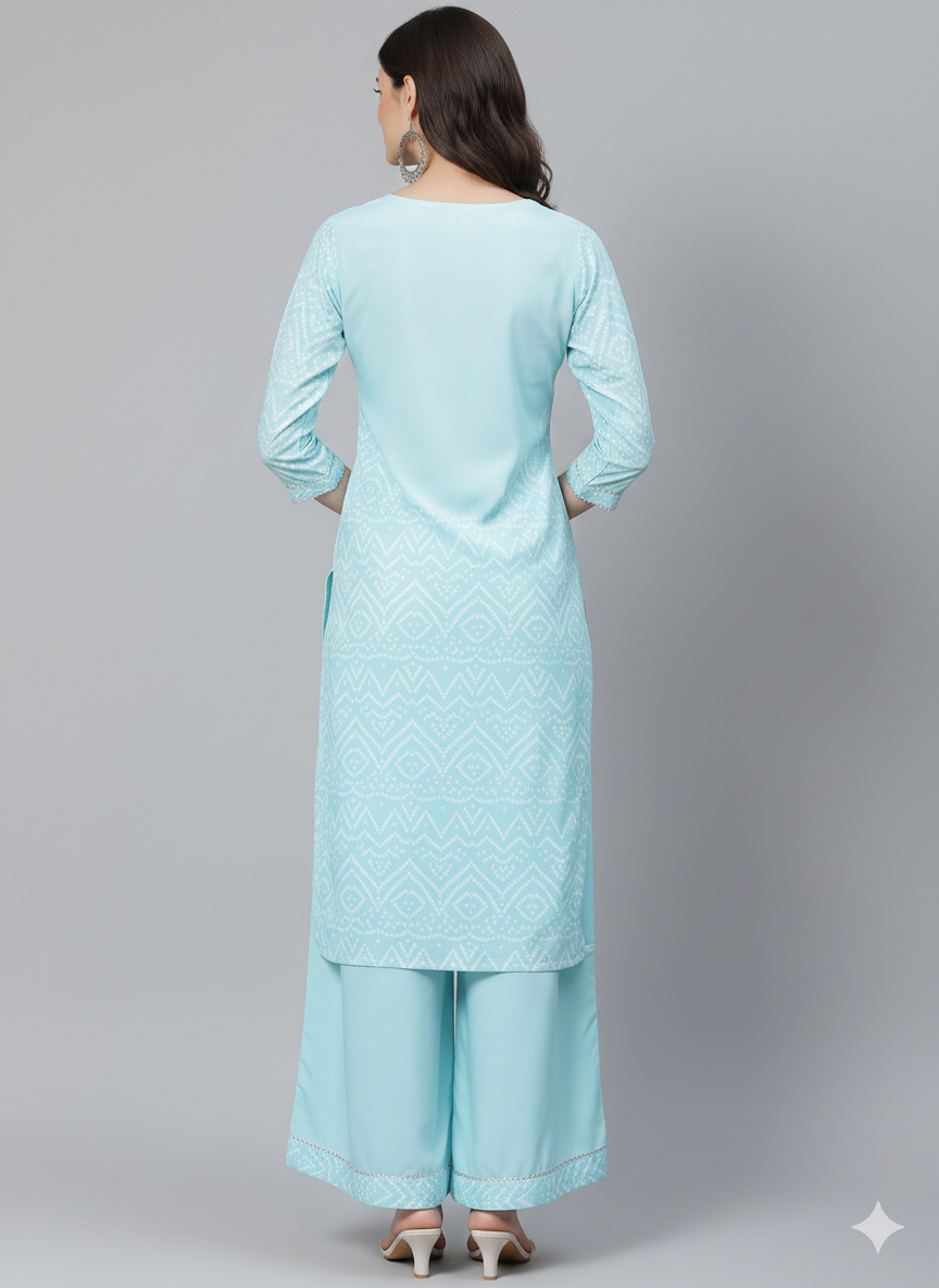 Blue Crepe Bandhani Printed Straight Kurta Set 