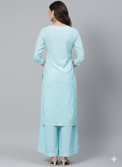 Blue Crepe Bandhani Printed Straight Kurta Set 