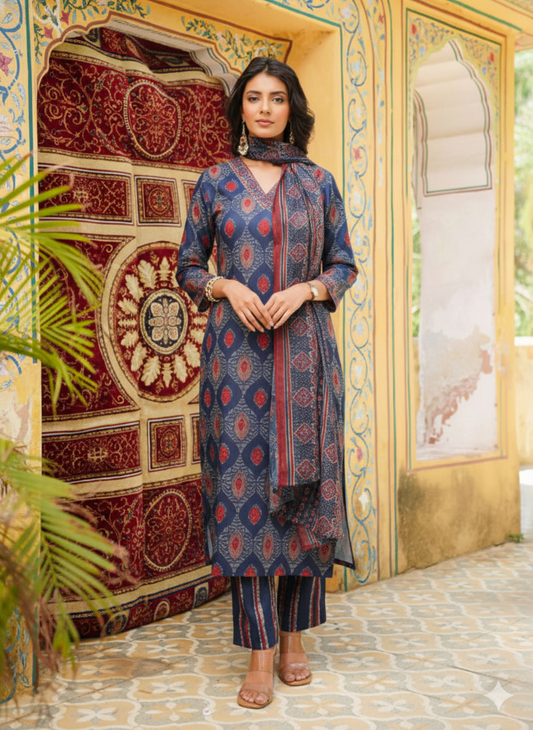 Blue Rayon Blend Ethnic Motifs Printed Straight Kurta Trousers With Dupatta