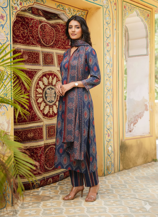 Blue Rayon Blend Ethnic Motifs Printed Straight Kurta Trousers With Dupatta