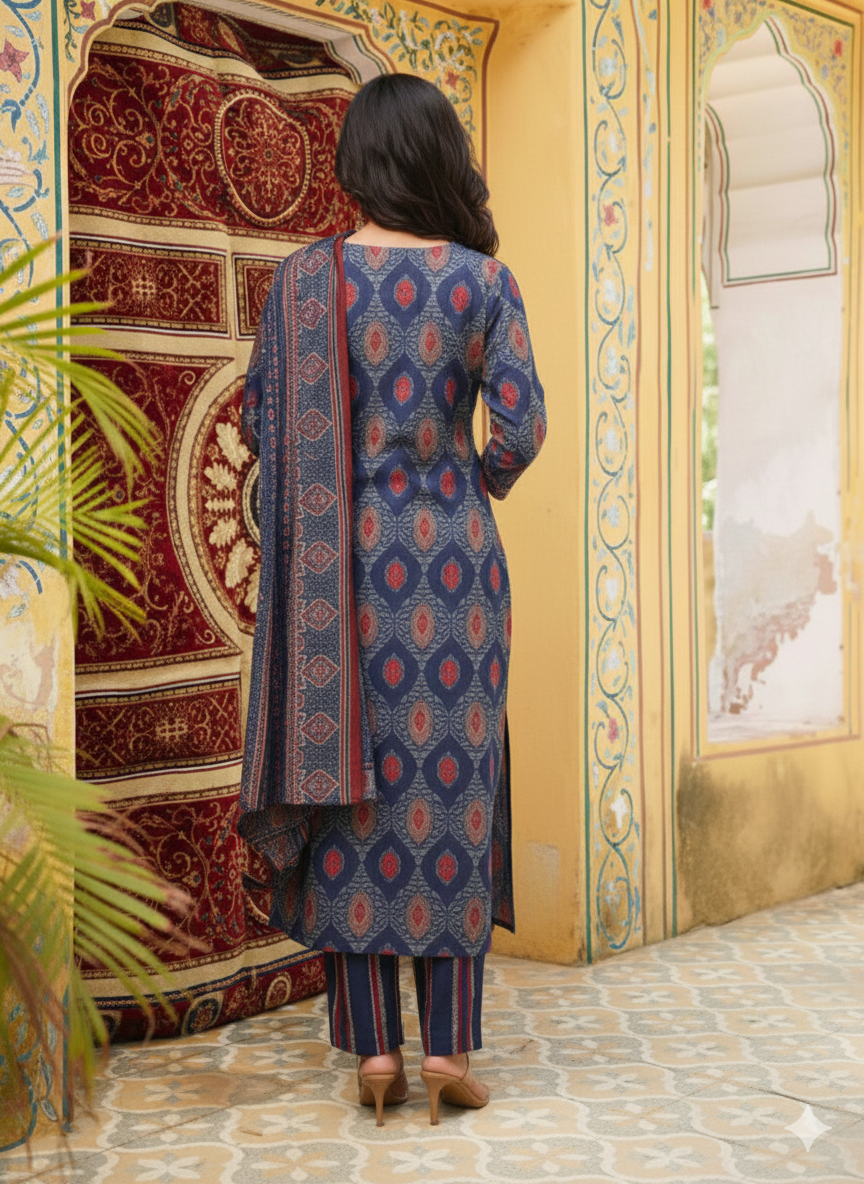 Blue Rayon Blend Ethnic Motifs Printed Straight Kurta Trousers With Dupatta
