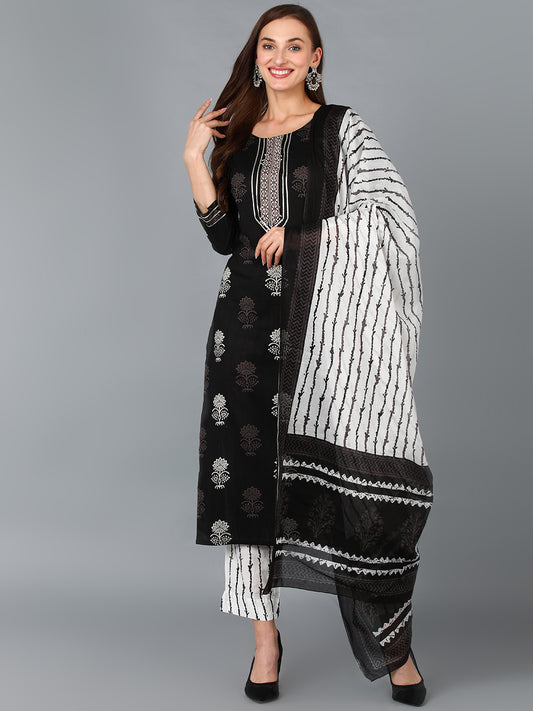 Black & White Printed Rayon Blend Kurta with Trousers & Dupatta