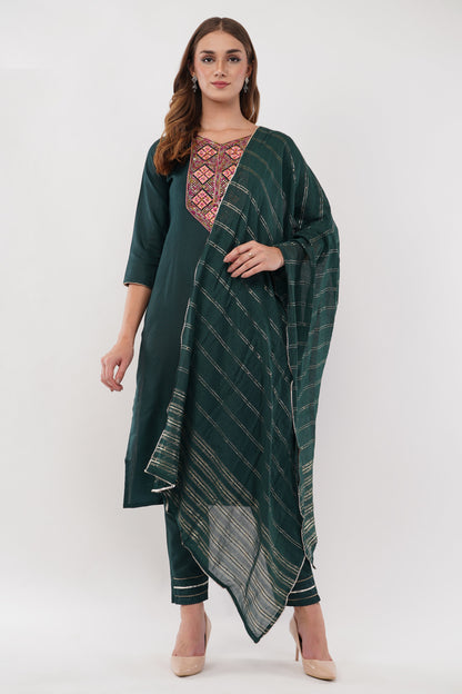 Dark Green Cotton Fabric Suit Set With Embroidered Yoke - Set Of 3