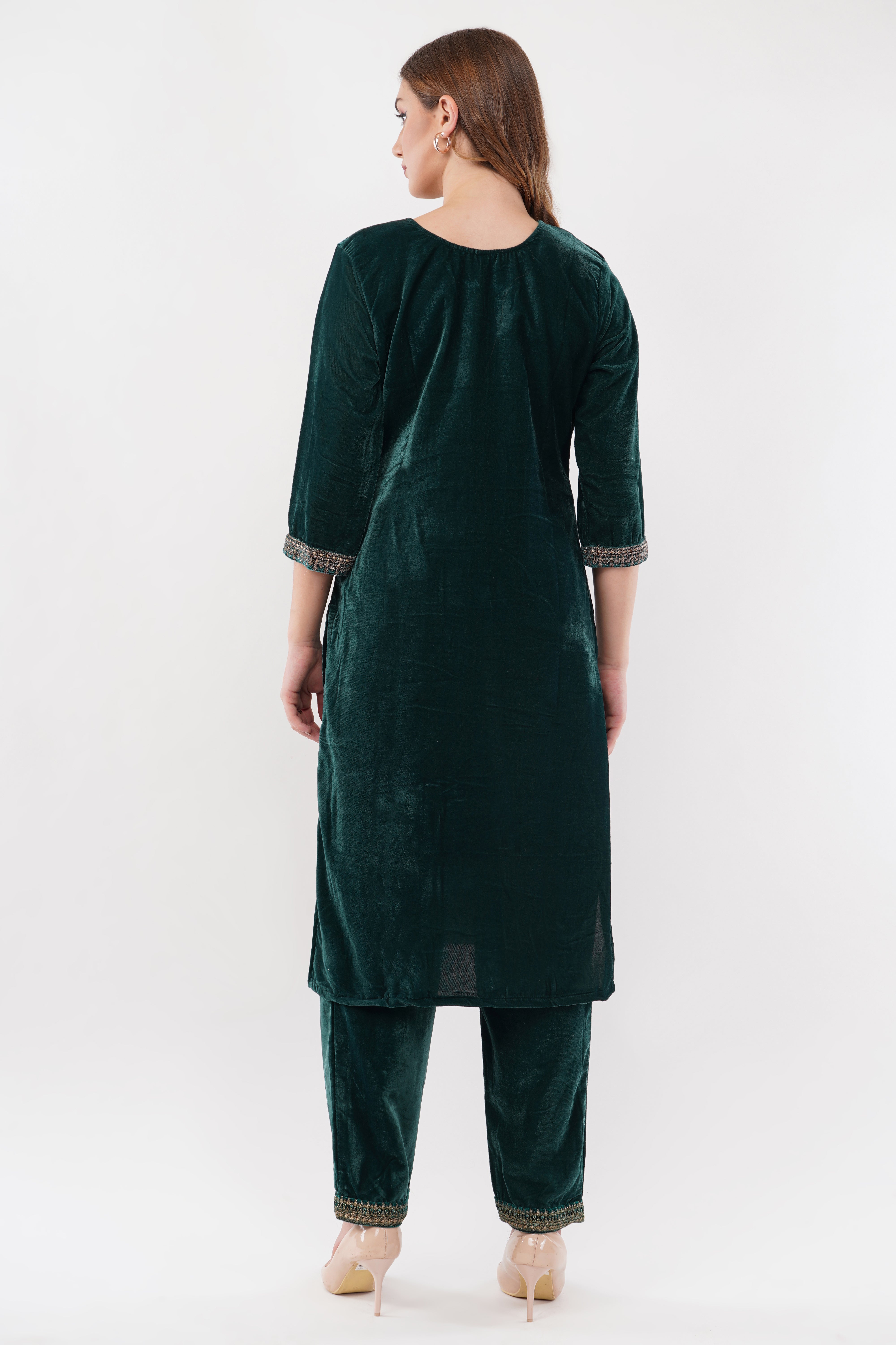 Dark Green Velvet With Coding Embroidery Work - Set Of 3