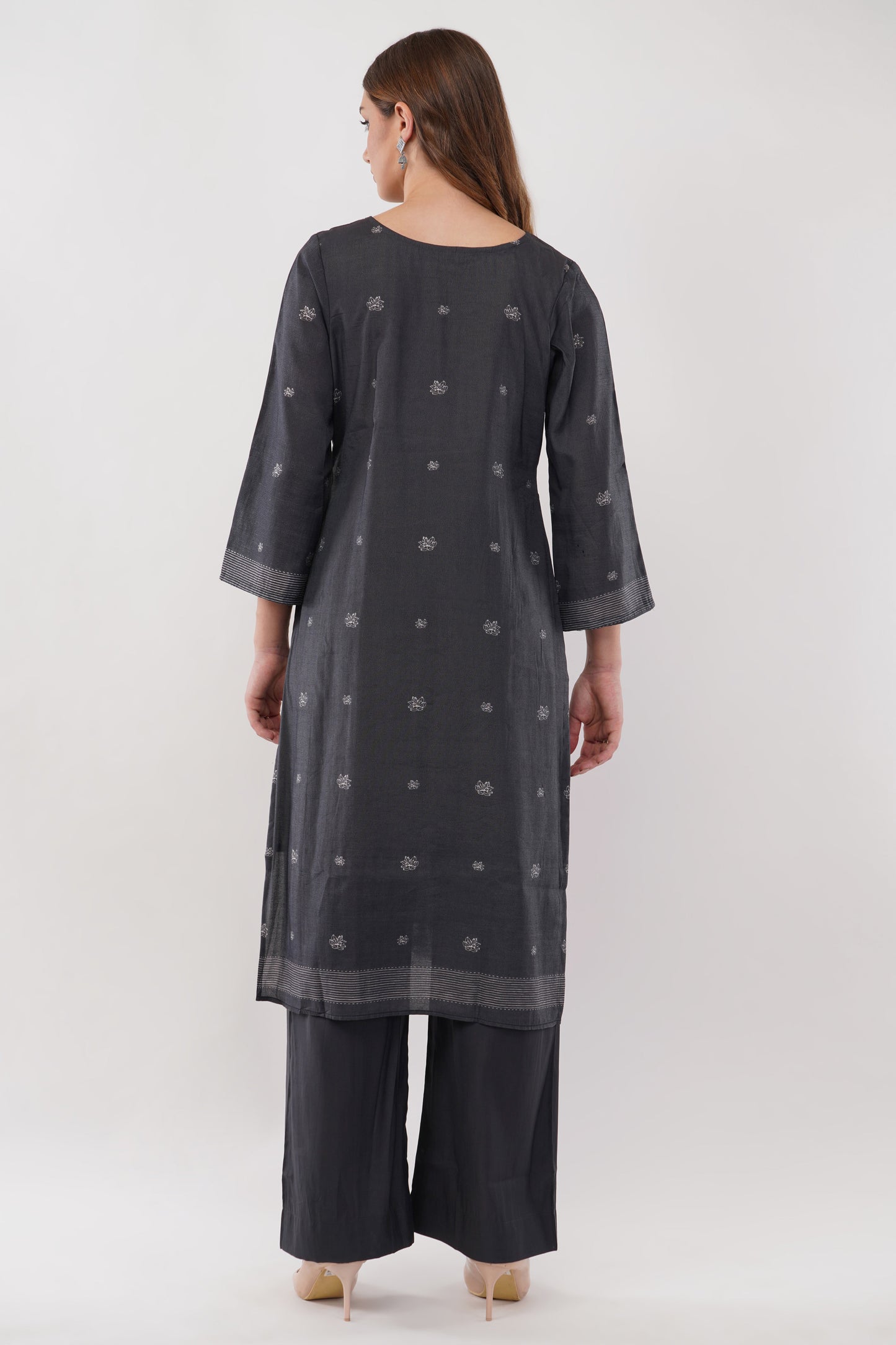 Dark Grey Cotton Fabric Suit Set With Embroidered Yoke - Set Of 3