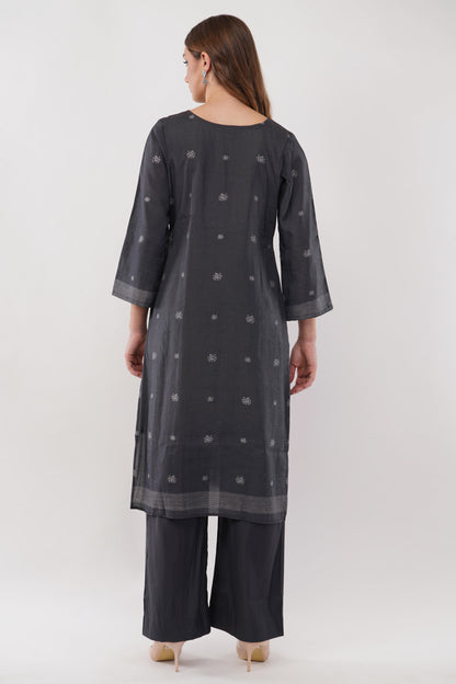 Dark Grey Cotton Fabric Suit Set With Embroidered Yoke - Set Of 3
