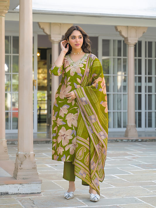 Green Viscose Floral Embroidered Straight Kurta Trousers With Dupatta