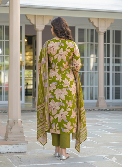 Green Viscose Floral Embroidered Straight Kurta Trousers With Dupatta