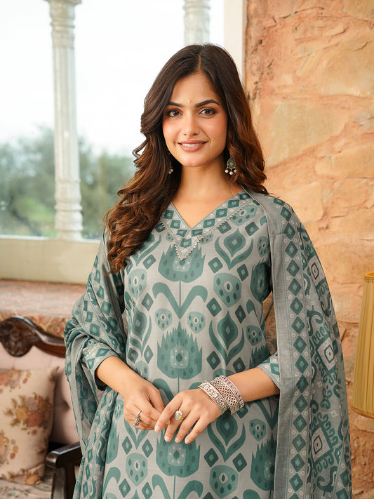 Grey Cotton Blend Ikat Printed Straight Kurta Trousers With Dupatta