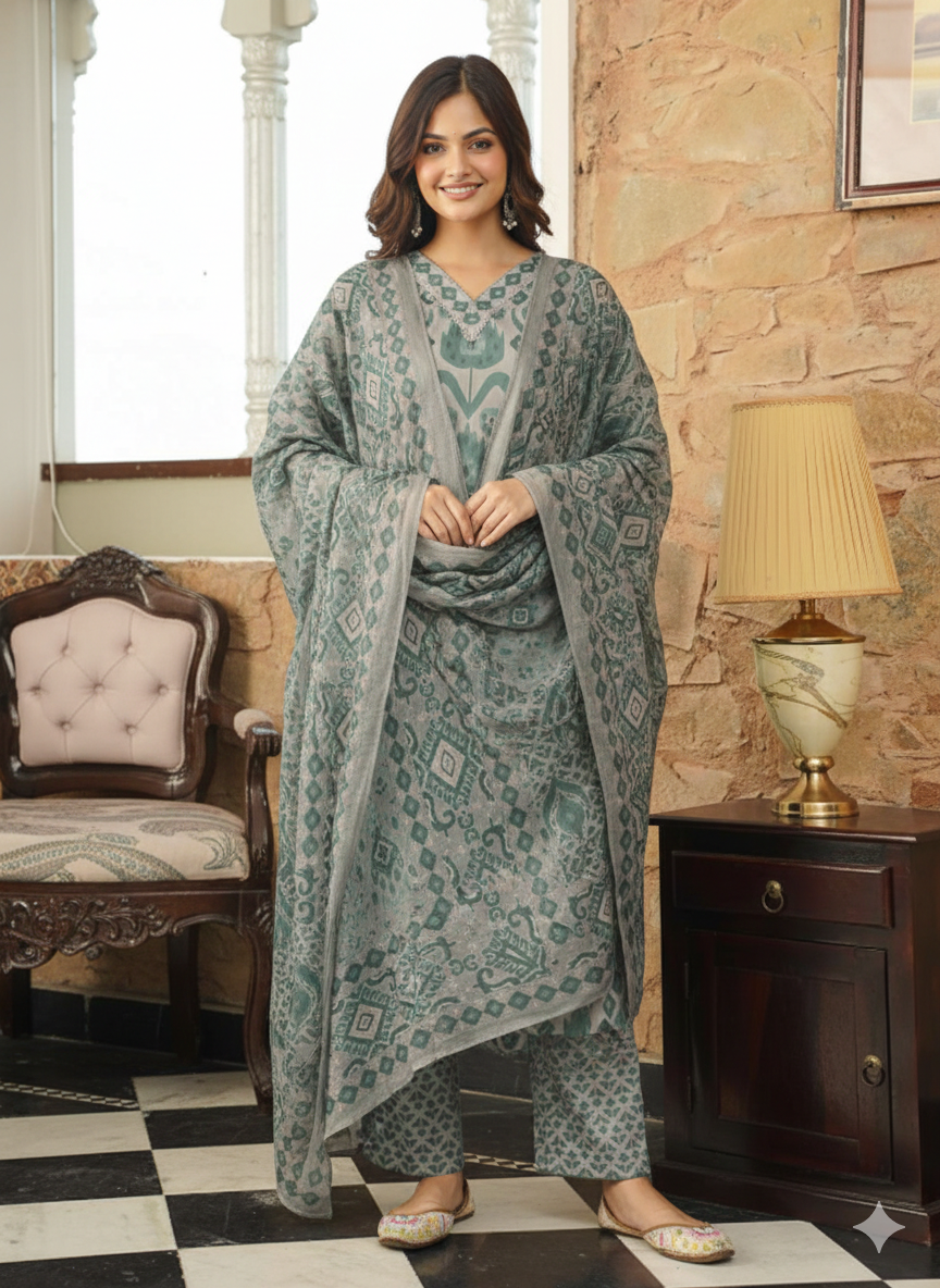 Grey Cotton Blend Ikat Printed Straight Kurta Trousers With Dupatta