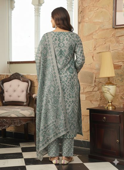 Grey Cotton Blend Ikat Printed Straight Kurta Trousers With Dupatta