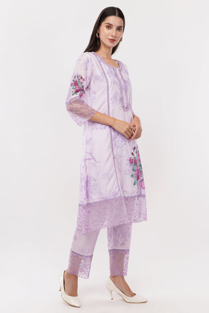 Lavender Short Printed Suit Set & Dupatta, With Sheer Details - Set Of 3