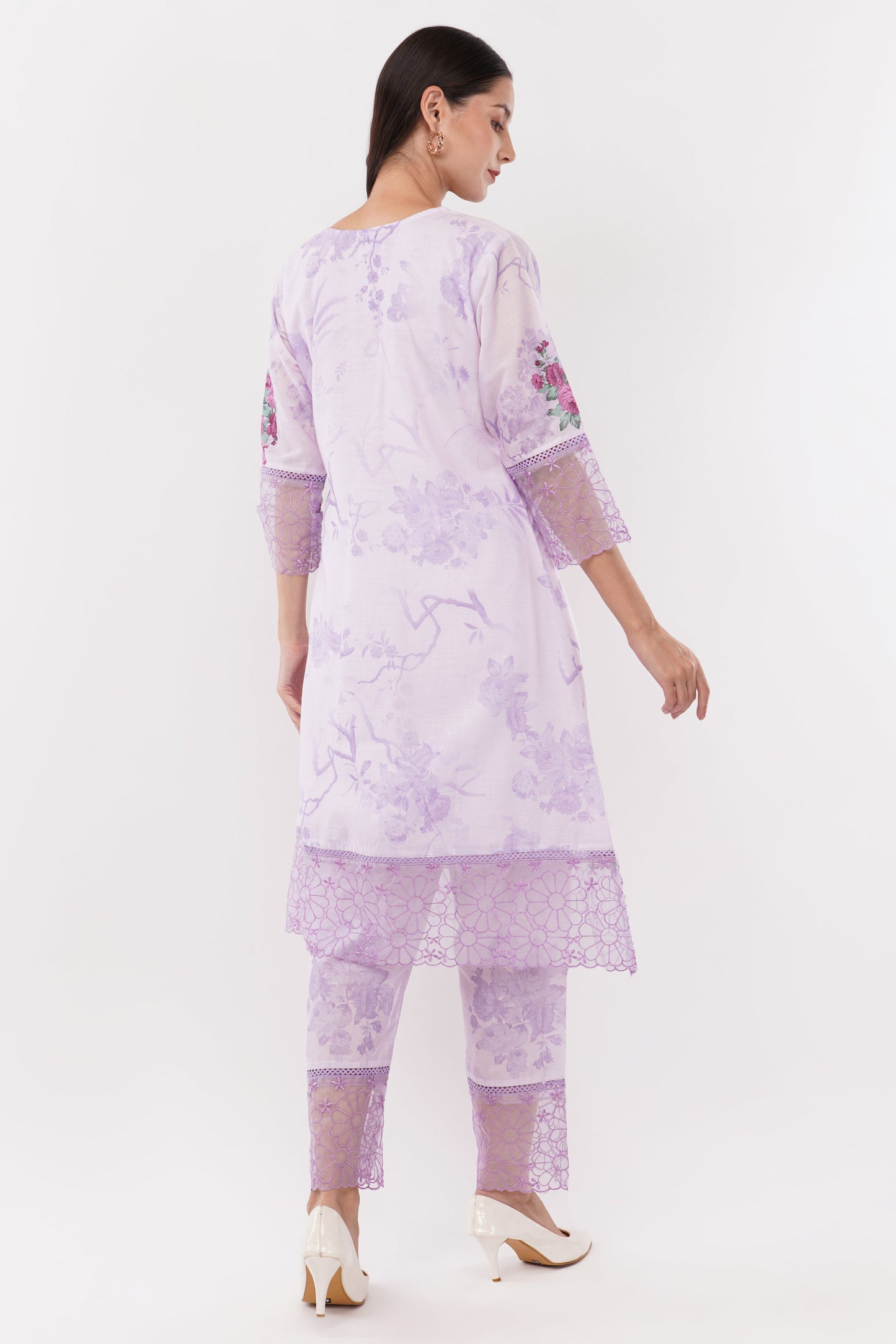 Lavender Short Printed Suit Set & Dupatta, With Sheer Details - Set Of 3