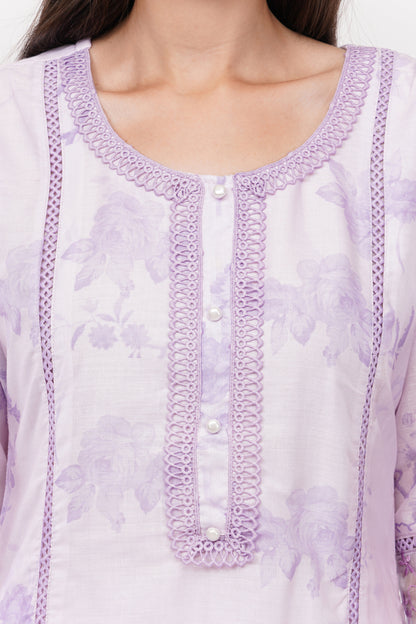 Lavender Short Printed Suit Set & Dupatta, With Sheer Details - Set Of 3