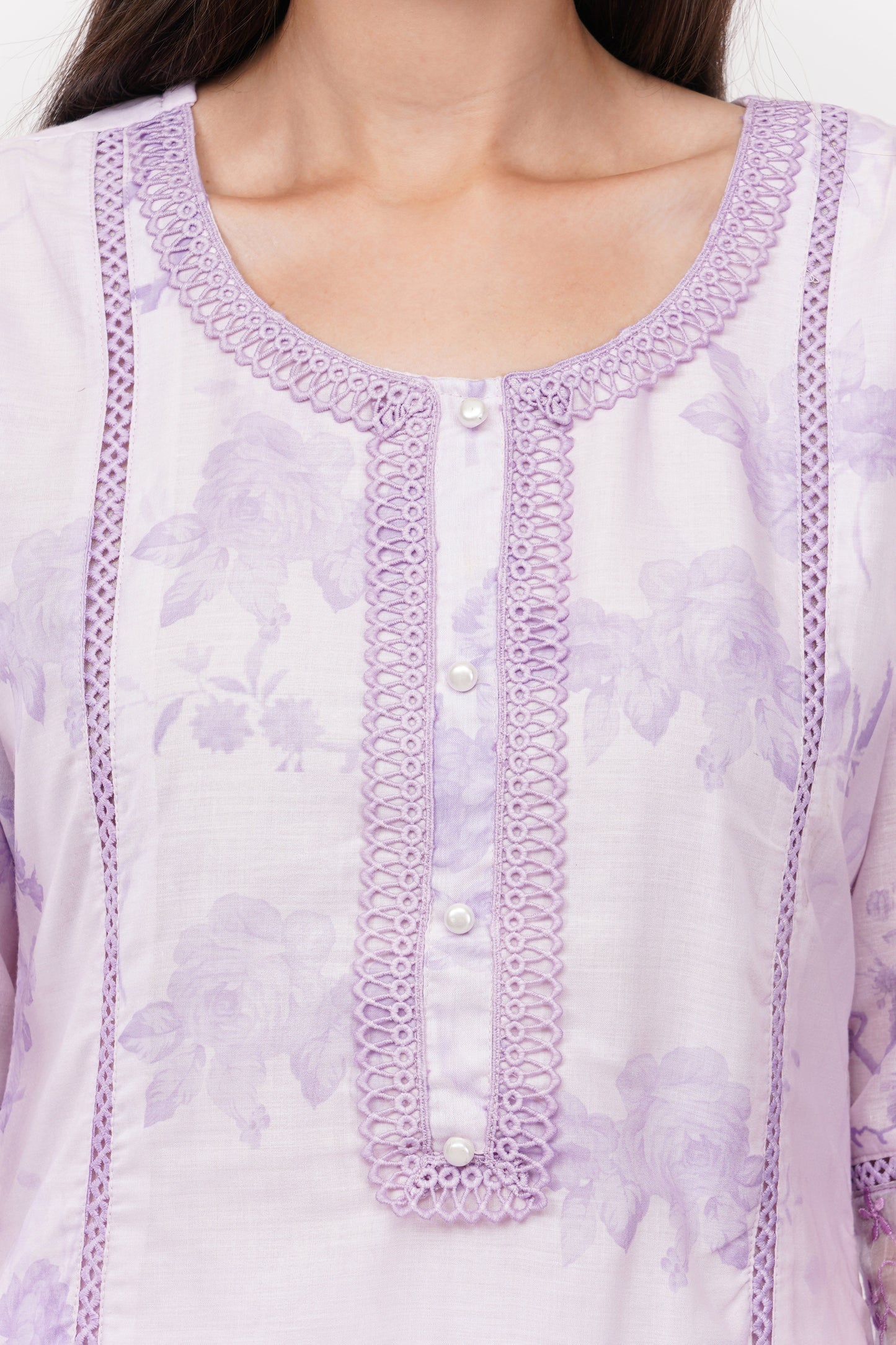 Light Pink Short Printed Suit Set & Dupatta, With Sheer Details - Set Of 3