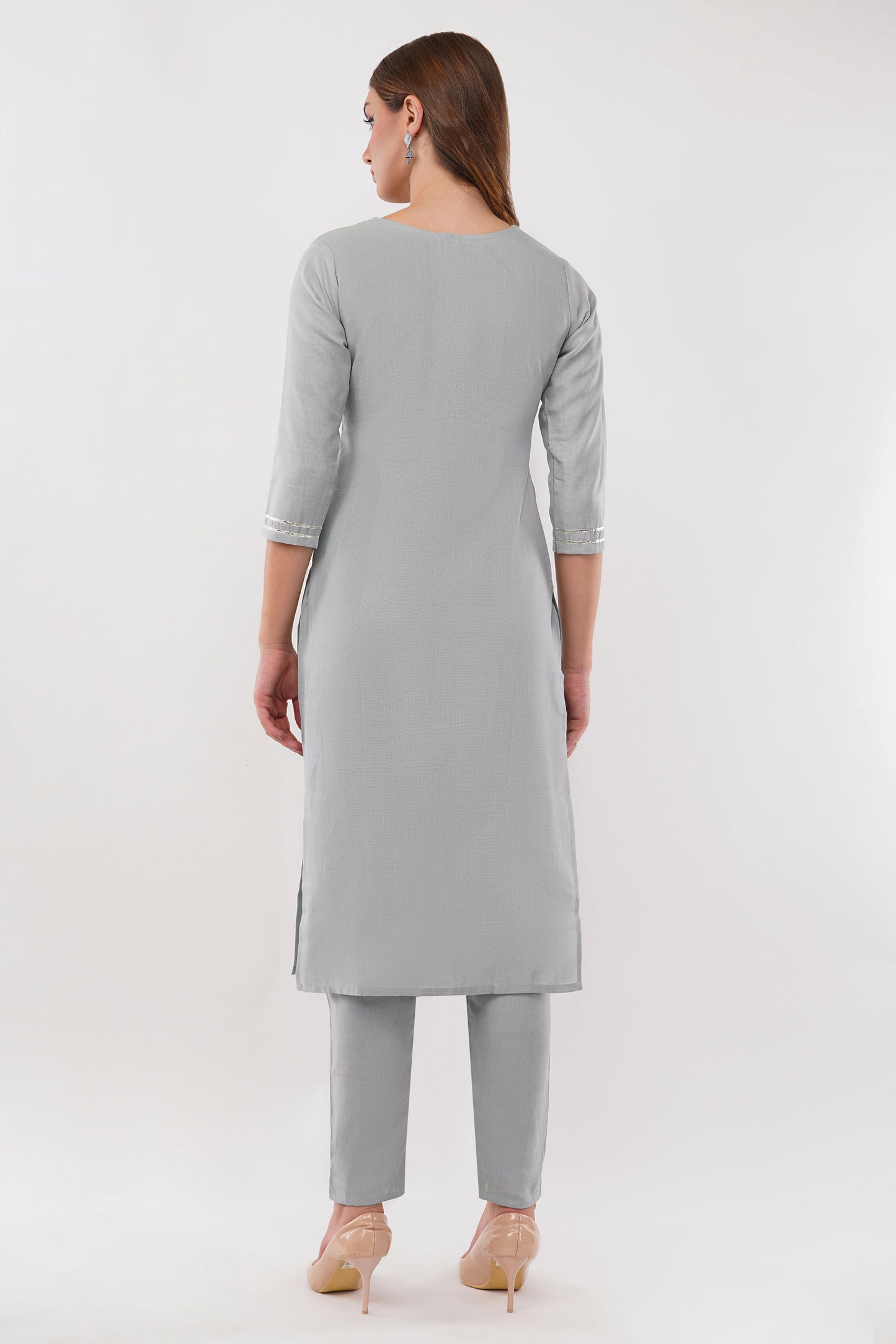 Light Blue Cotton Fabric Suit Set With Embroidered Yoke - Set Of 3