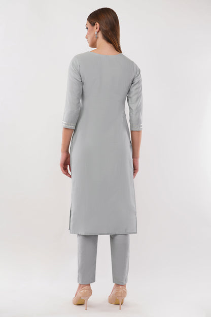 Light Blue Cotton Fabric Suit Set With Embroidered Yoke - Set Of 3