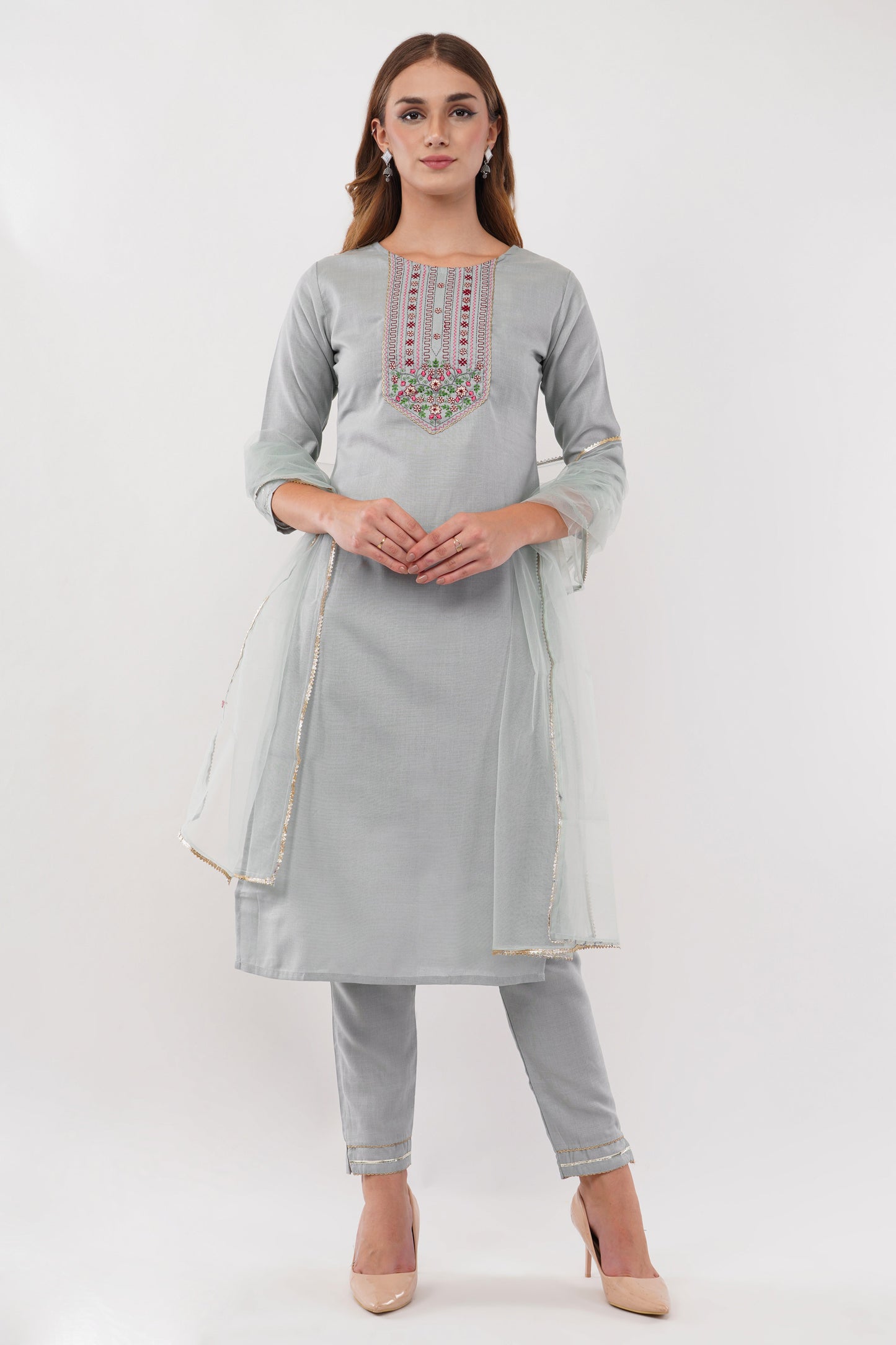 Light Blue Cotton Fabric Suit Set With Embroidered Yoke - Set Of 3