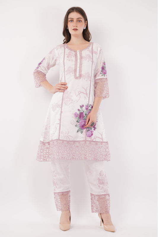 Light Pink Short Printed Suit Set & Dupatta, With Sheer Details - Set Of 3
