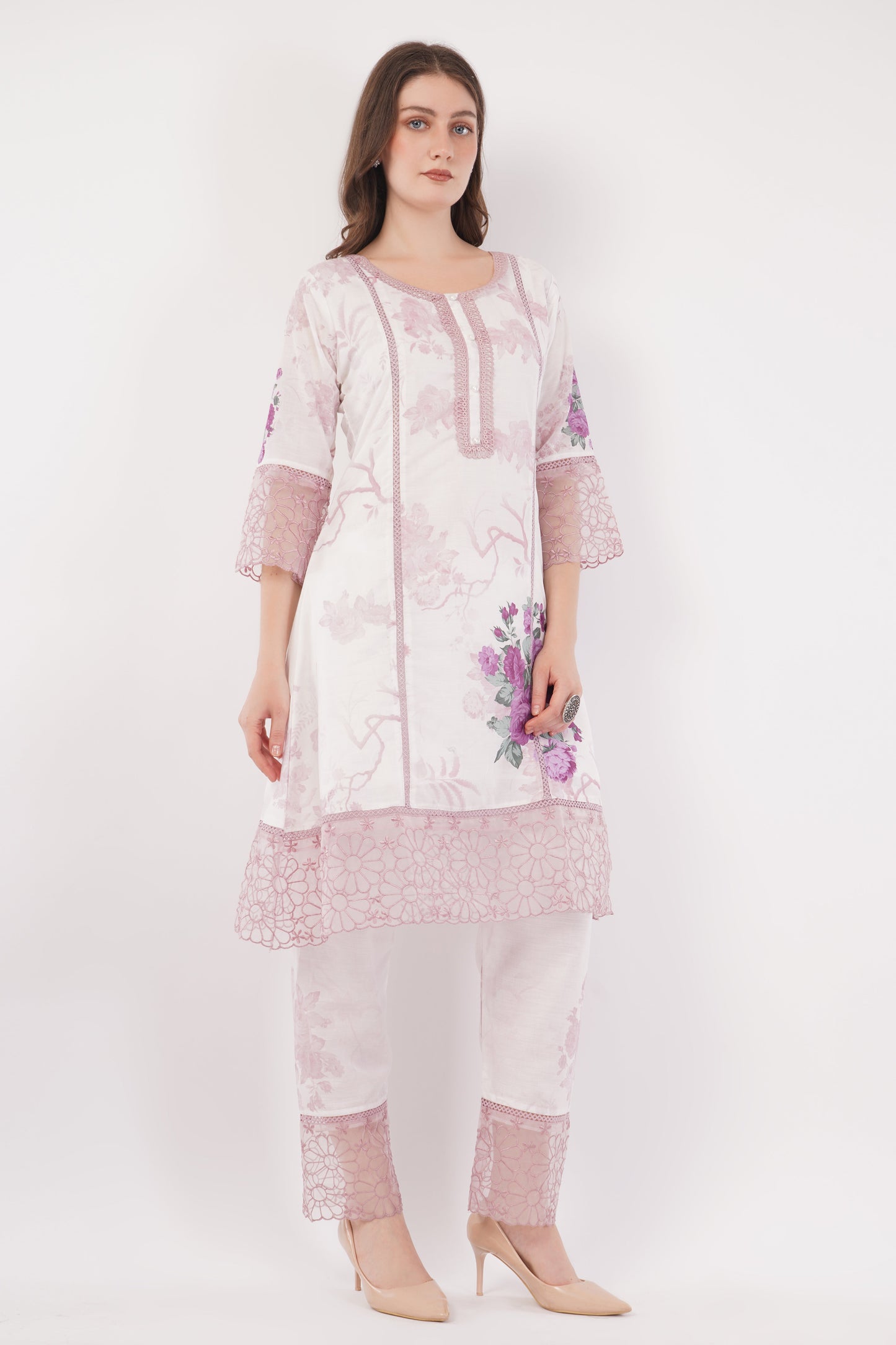 Light Pink Short Printed Suit Set & Dupatta, With Sheer Details - Set Of 3