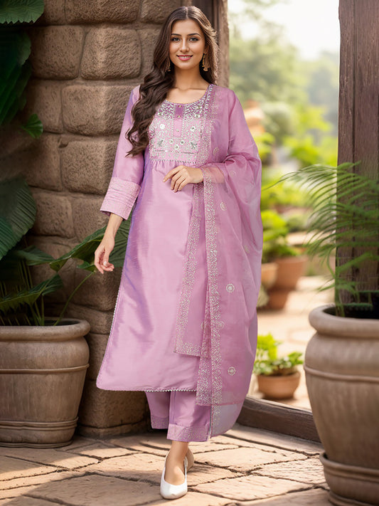 Lavender Silk Blend Straight Kurta Pant With Dupatta