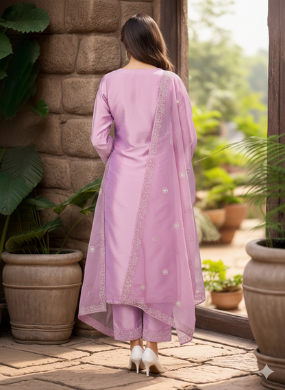 Lavender Silk Blend Straight Kurta Pant With Dupatta