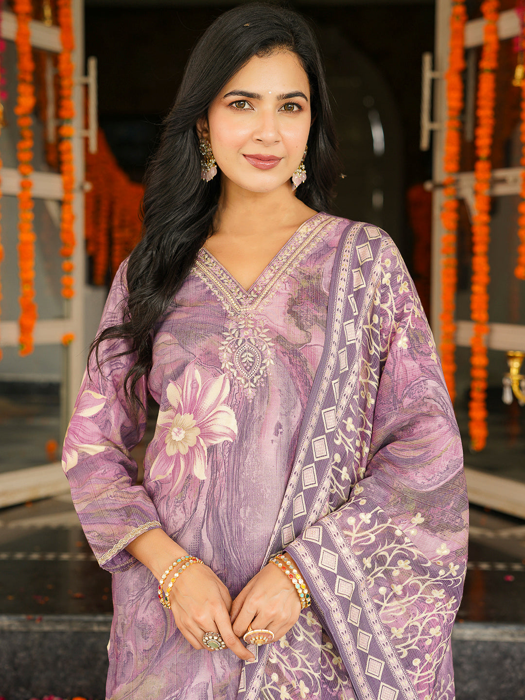 Lavender Viscose Rayon Floral Printed Straight Kurta Trousers With Dupatta