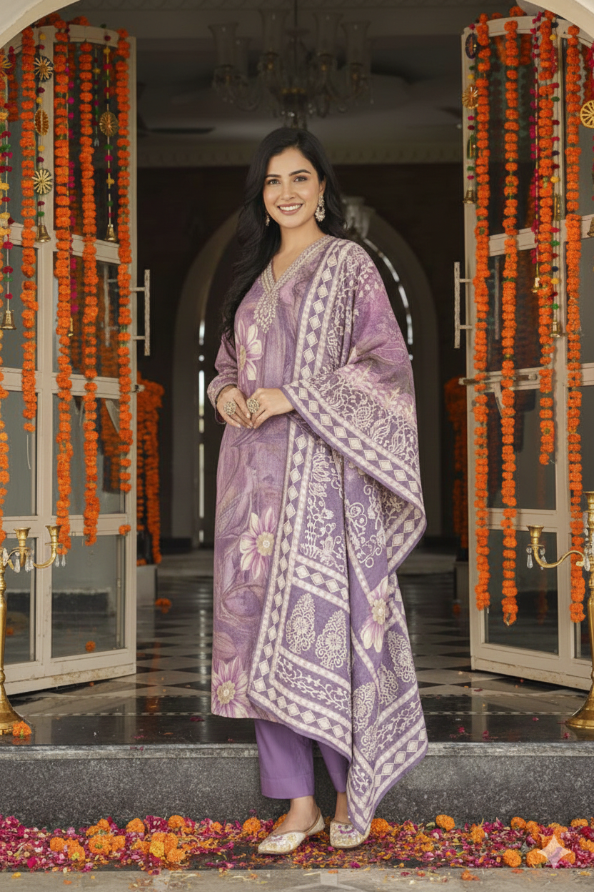 Lavender Viscose Rayon Floral Printed Straight Kurta Trousers With Dupatta