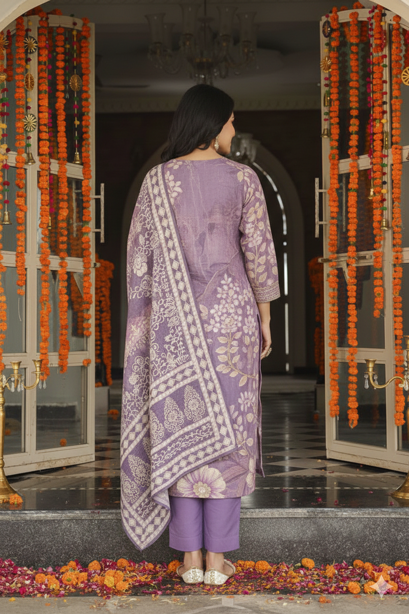 Lavender Viscose Rayon Floral Printed Straight Kurta Trousers With Dupatta