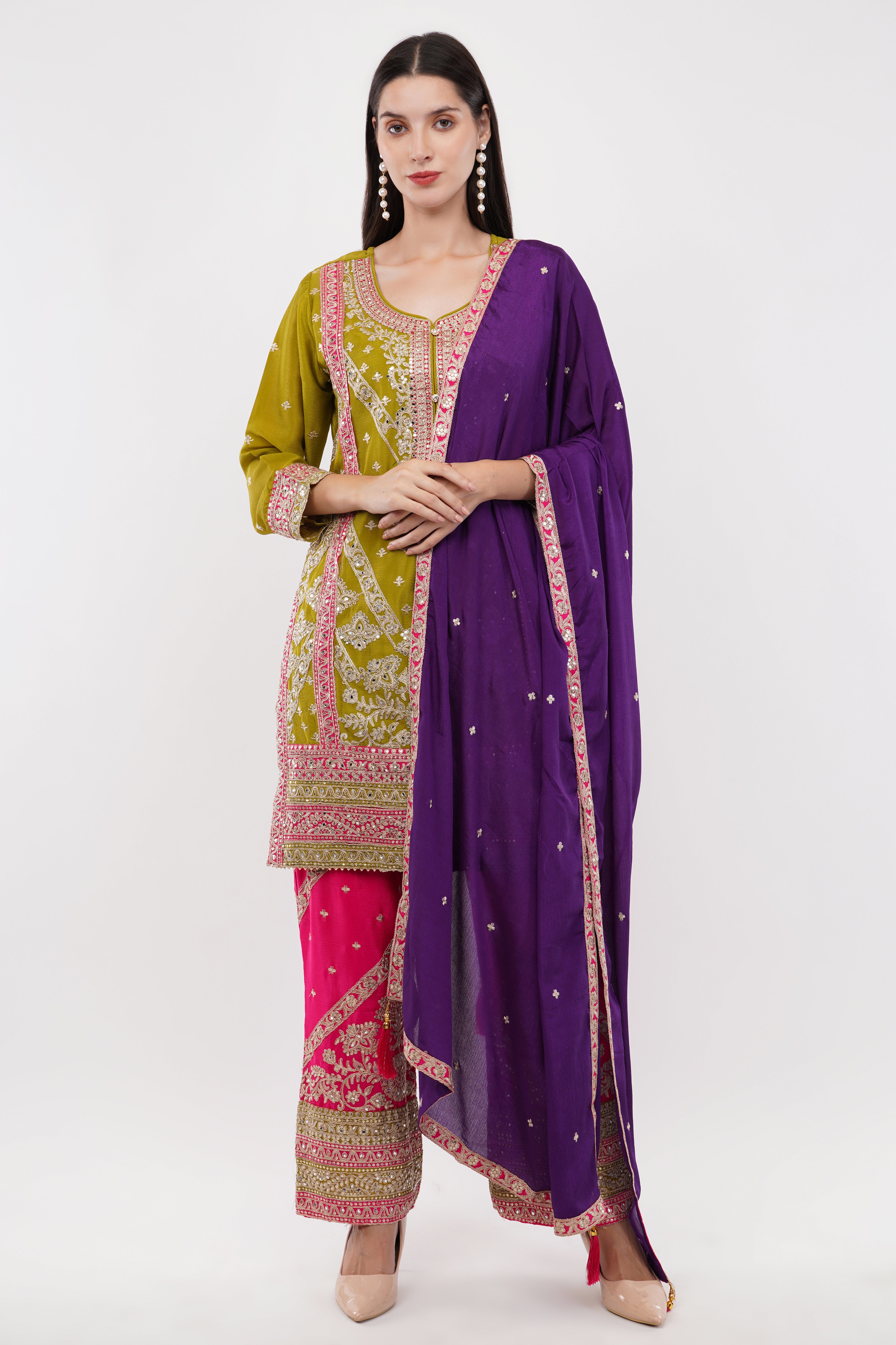 Multi-Color Contrasting Suit Set With Embroidery - Set Of 3