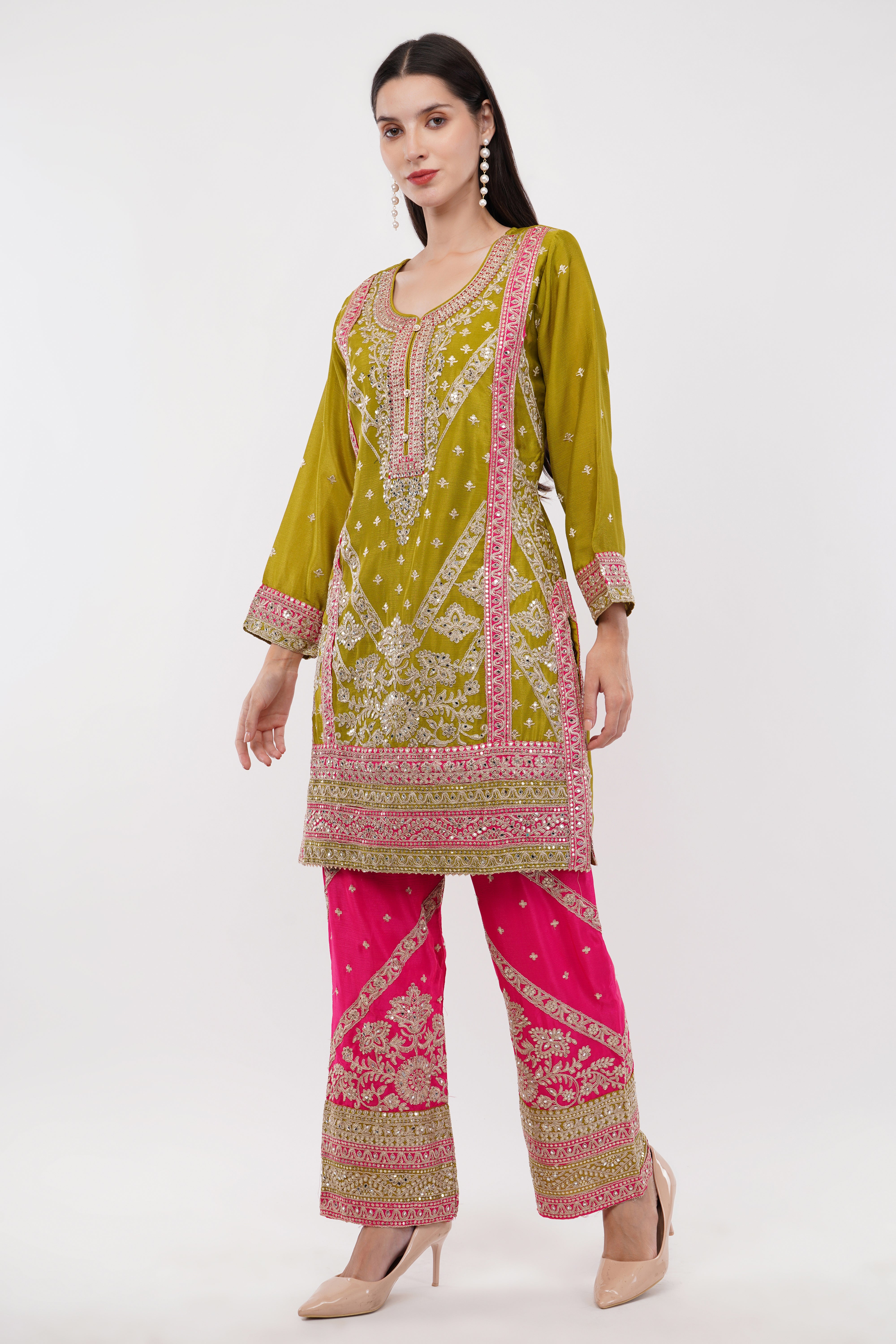 Multi-Color Contrasting Suit Set With Embroidery - Set Of 3