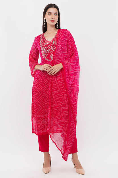 Magenta Georgette Digital Print Bandhani Print Embellished Suit Suit Set - Set Of 3