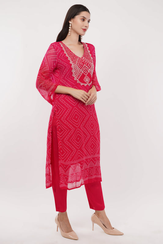 Magenta Georgette Digital Print Bandhani Print Embellished Suit Suit Set - Set Of 3