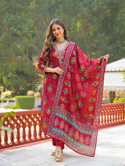 Maroon Viscose Embroidered Straight Kurta Trousers With Dupatta