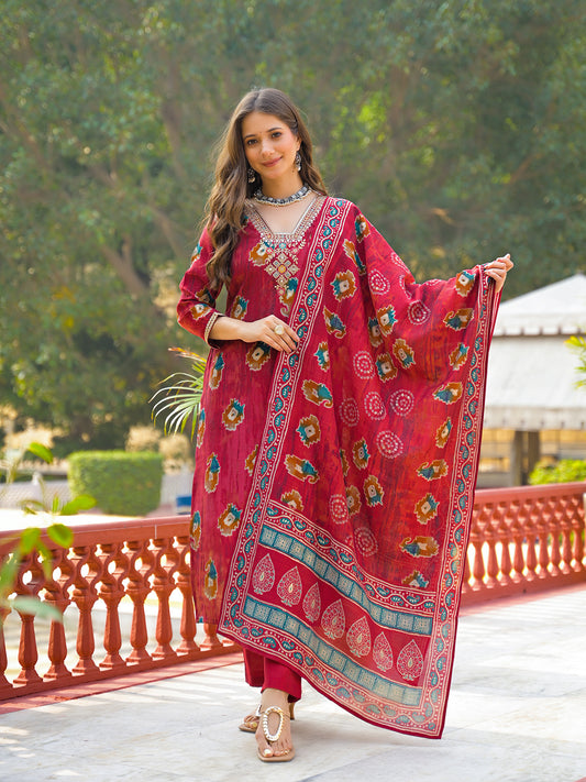 Maroon Viscose Embroidered Straight Kurta Trousers With Dupatta