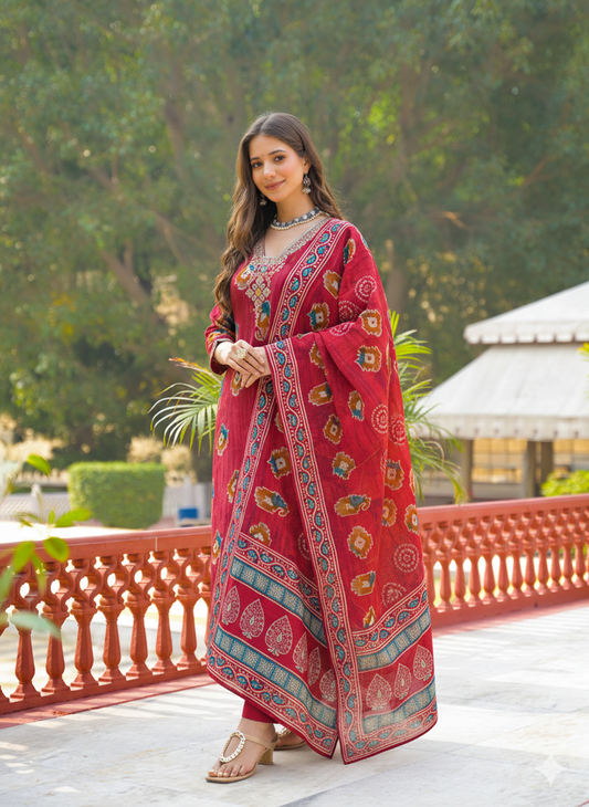 Maroon Viscose Embroidered Straight Kurta Trousers With Dupatta