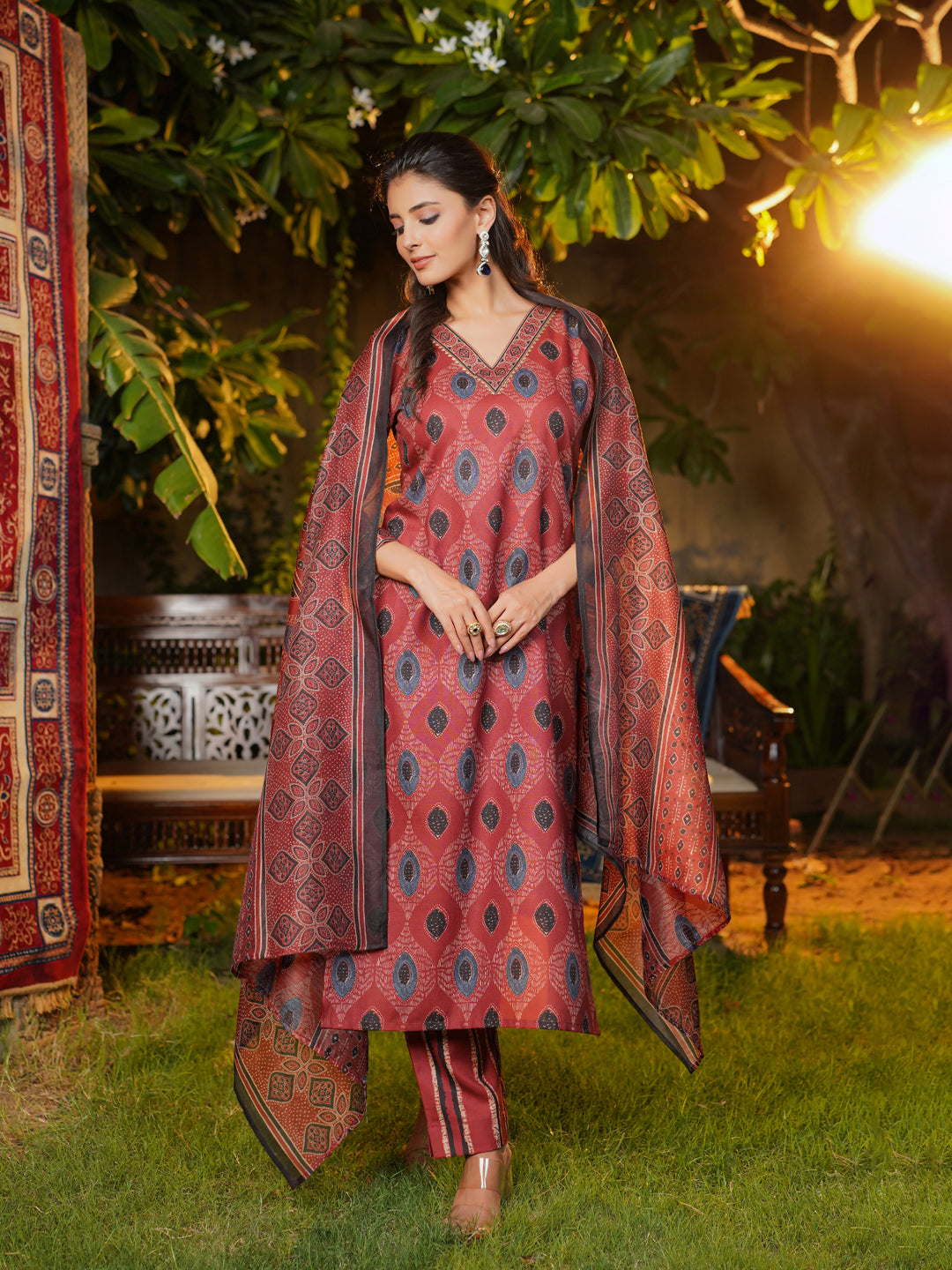 Maroon Rayon Blend Ethnic Motifs Printed Straight Kurta Trousers With Dupatta