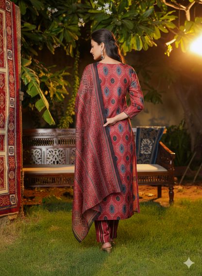 Maroon Rayon Blend Ethnic Motifs Printed Straight Kurta Trousers With Dupatta