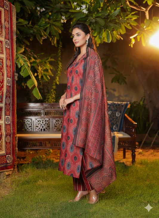 Maroon Rayon Blend Ethnic Motifs Printed Straight Kurta Trousers With Dupatta