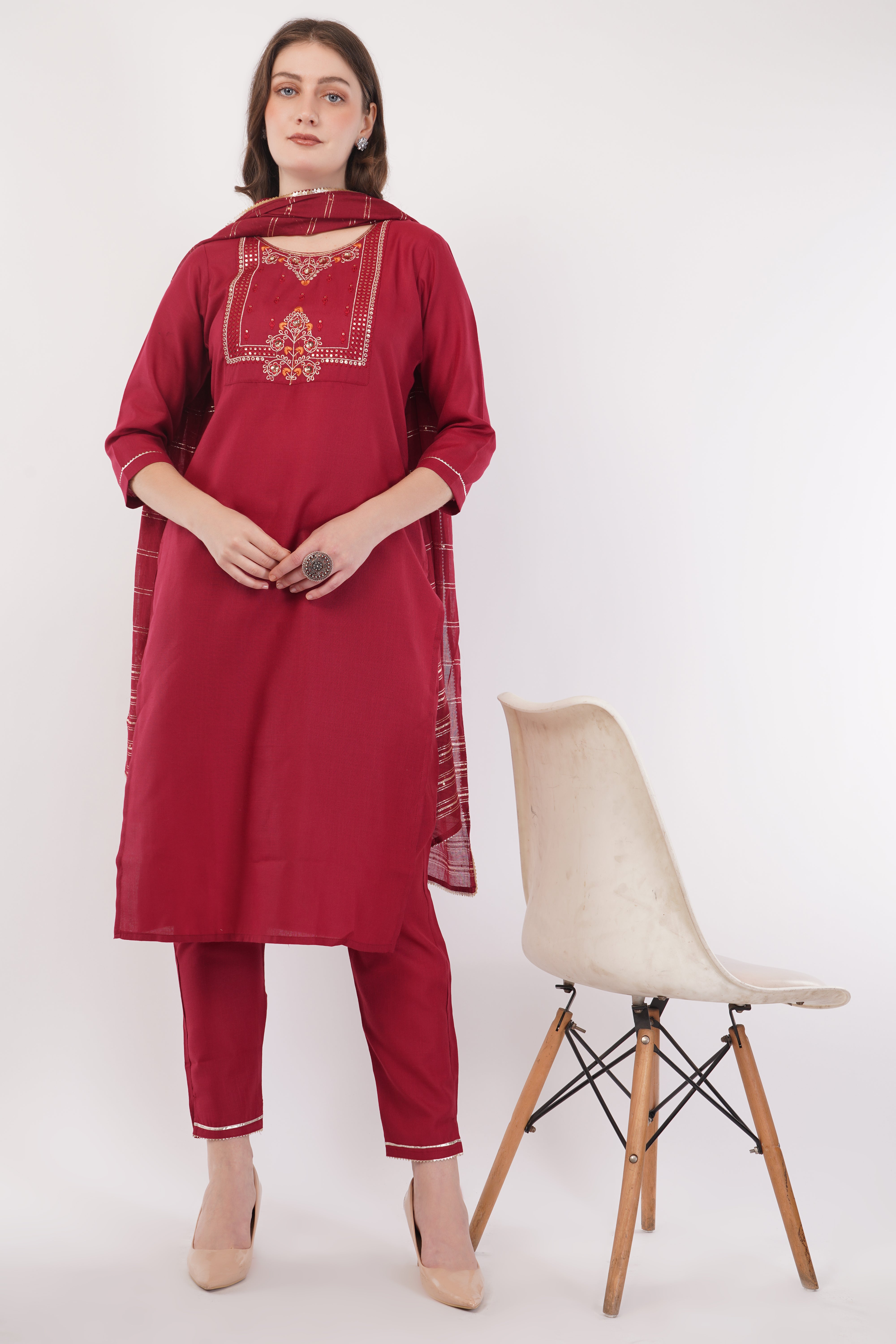 Maroon Fabric Cotton With  Embroidered Yoke Suit Set  - Set Of 3