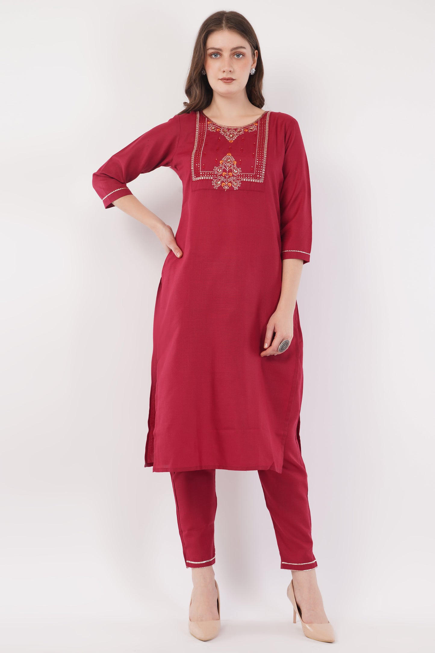 Maroon Fabric Cotton With  Embroidered Yoke Suit Set  - Set Of 3