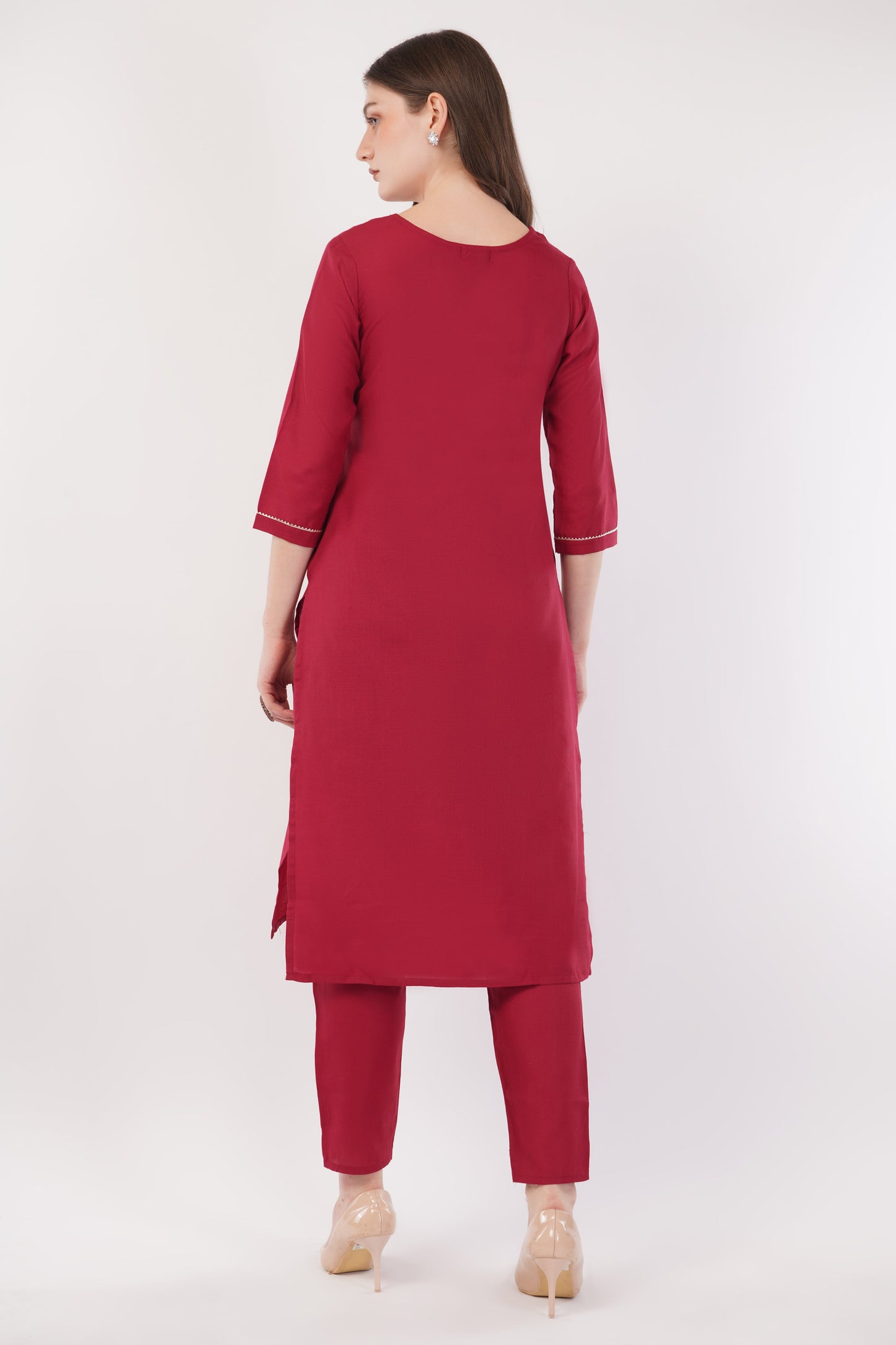 Maroon Fabric Cotton With  Embroidered Yoke Suit Set  - Set Of 3