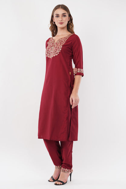 Maroon Embroidered Suit Set With Dupatta - Set Of 3