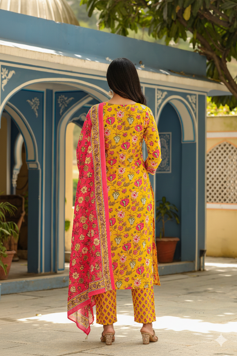Mustard Rayon Blend Floral Print Suit Set