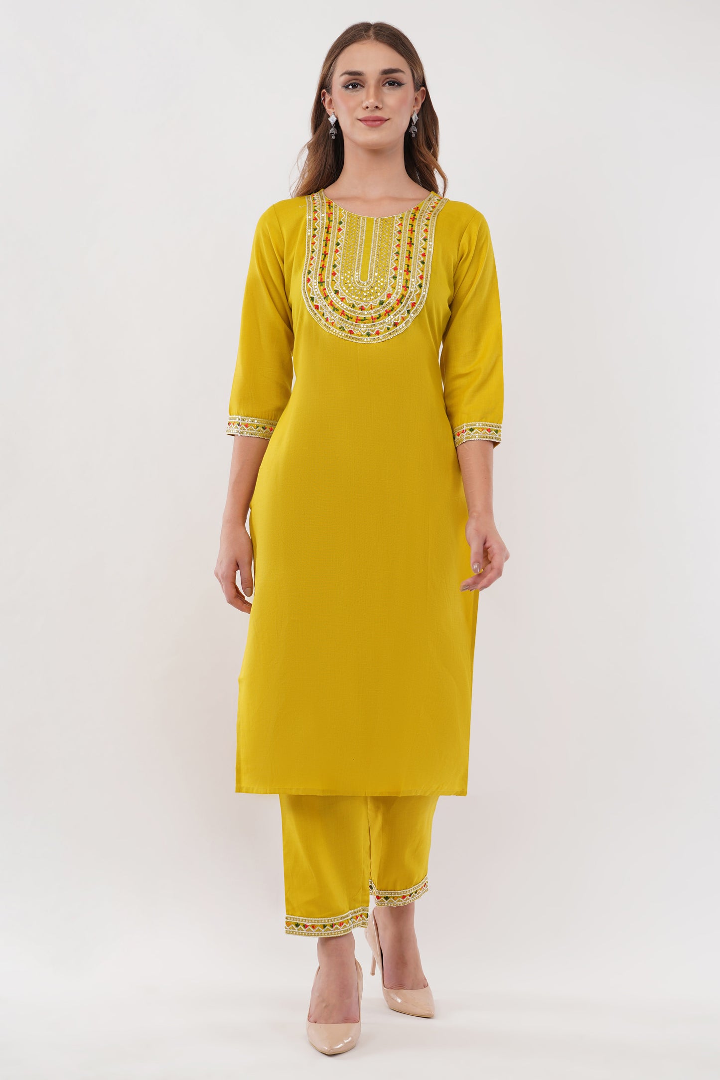 Mustard Cotton Blend Straight Suit - Set Of 3