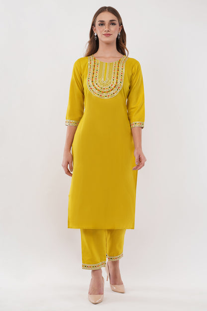 Mustard Cotton Blend Straight Suit - Set Of 3